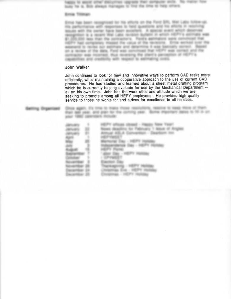 John Walker's Note of Recognition in Harley Ellington's Newsletter