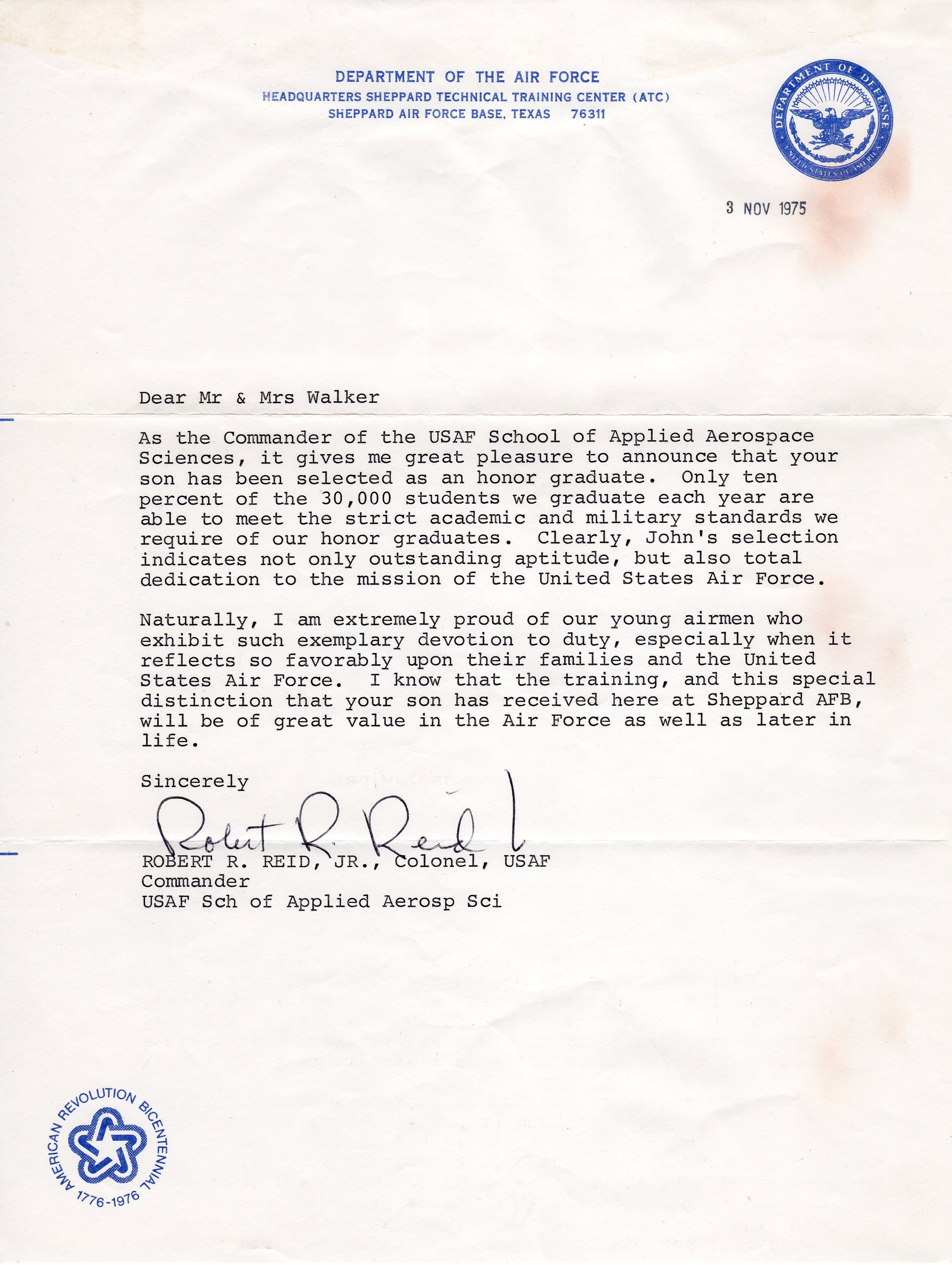 John Walker's Honor Graduate Letter from U.S. Air Force