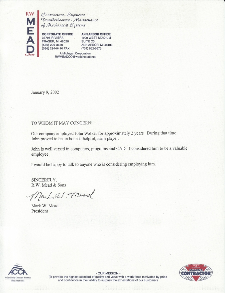 John Walker's Letter of Reference from R.W. Mead