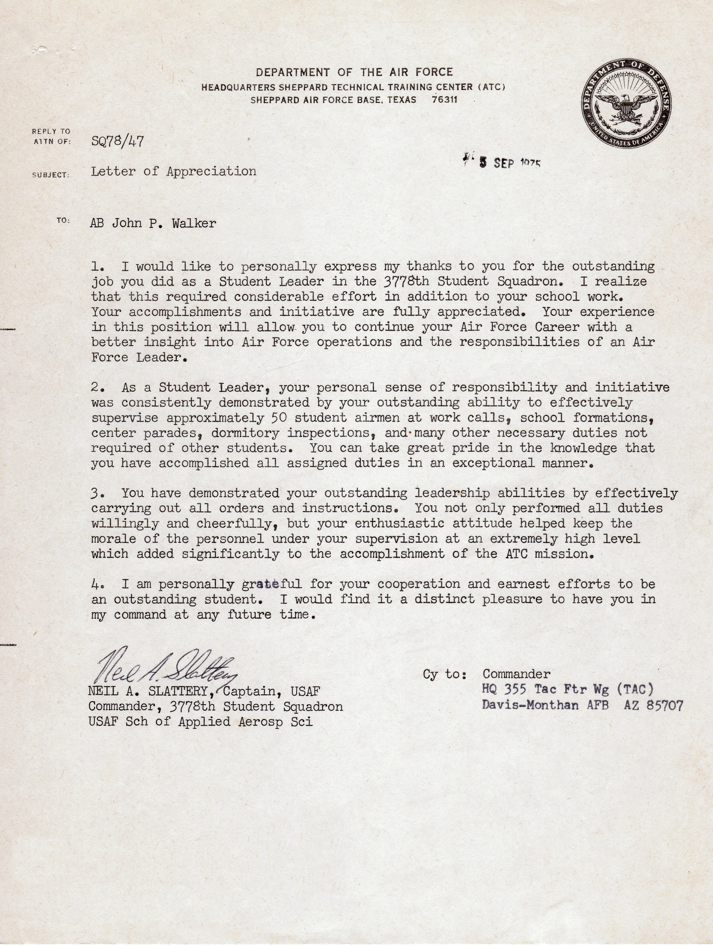 John Walker's Letter of Achievement as Student Leader in U.S. Air Force